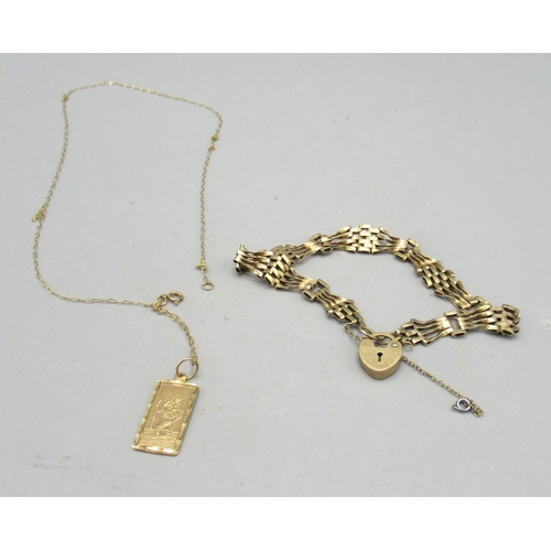 157 - 9ct yellow gold four bar gate bracelet, and a 9ct gold St. Christopher pendant on 9ct gold chain , a... 