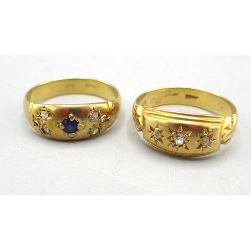 16 - 18ct yellow gold gypsy ring set with sapphire and diamonds, size J, and another similar set with dia... 