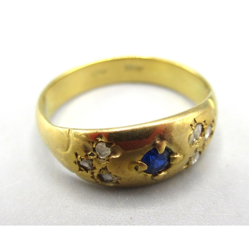 16 - 18ct yellow gold gypsy ring set with sapphire and diamonds, size J, and another similar set with dia... 