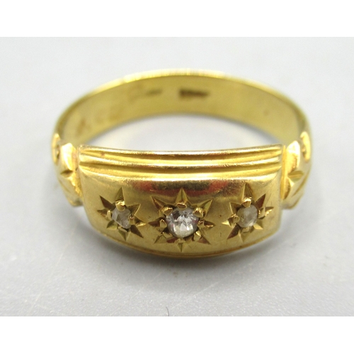 16 - 18ct yellow gold gypsy ring set with sapphire and diamonds, size J, and another similar set with dia... 