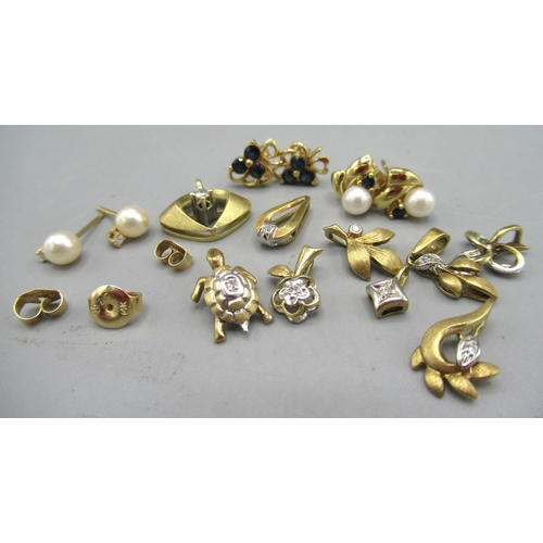 167 - Collection of 14ct gold small pendants, some set with stones, 14ct gold assorted stud earrings and b... 