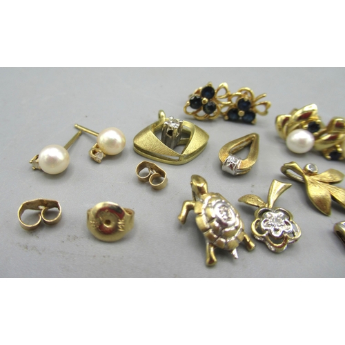 167 - Collection of 14ct gold small pendants, some set with stones, 14ct gold assorted stud earrings and b... 