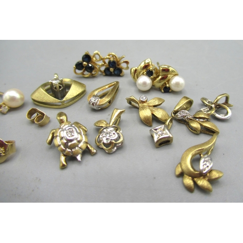 167 - Collection of 14ct gold small pendants, some set with stones, 14ct gold assorted stud earrings and b... 