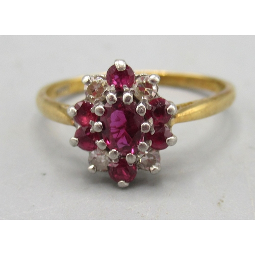 170 - 18ct yellow gold and platinum diamond and ruby cluster ring, stamped 18ct Plat, size M1/2, 2.69g