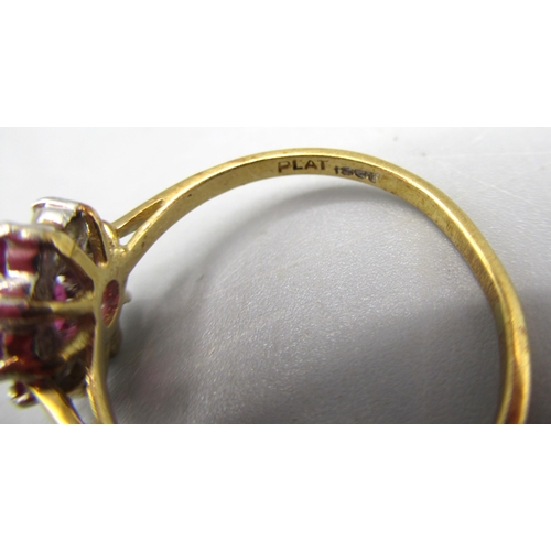 170 - 18ct yellow gold and platinum diamond and ruby cluster ring, stamped 18ct Plat, size M1/2, 2.69g