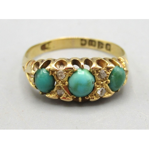 18 - 18ct yellow gold turquoise and diamond ring, the three cabochon turquoise separated by brilliant cut... 