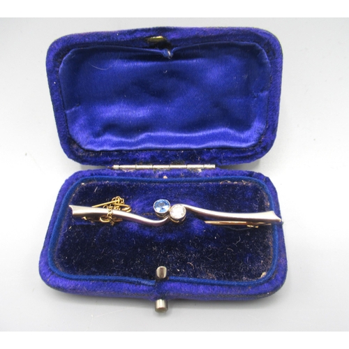 2 - Antique yellow and white metal bar brooch set with diamond and sapphire in twist setting, unmarked, ... 