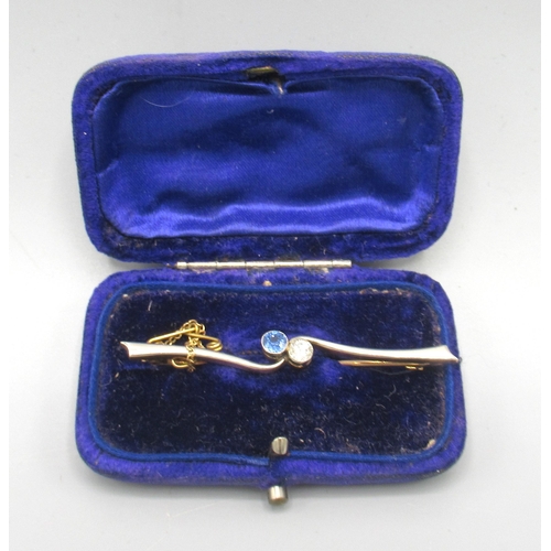 2 - Antique yellow and white metal bar brooch set with diamond and sapphire in twist setting, unmarked, ... 