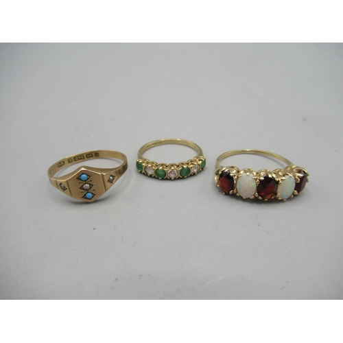 241 - 9ct yellow gold five stone garnet and opal ring, size M1/2, a 9ct gold ring set with green and clear... 