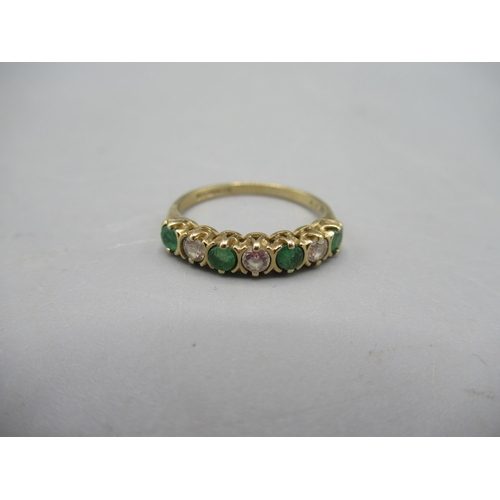 241 - 9ct yellow gold five stone garnet and opal ring, size M1/2, a 9ct gold ring set with green and clear... 