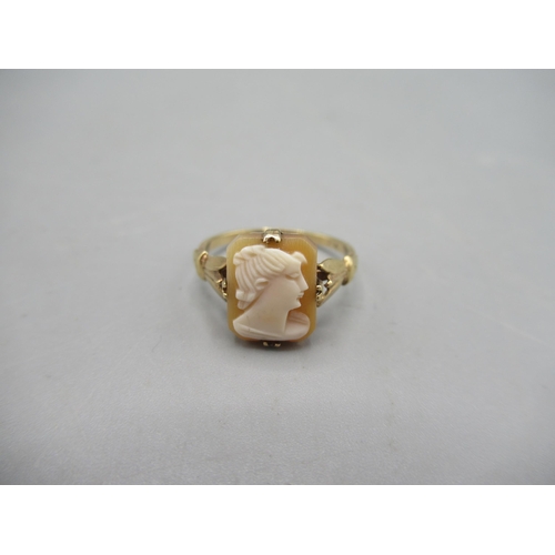 242 - 9ct yellow gold band ring, size L, 9ct yellow gold cameo ring, size L1/2, a pair of 9ct opal drop ea... 