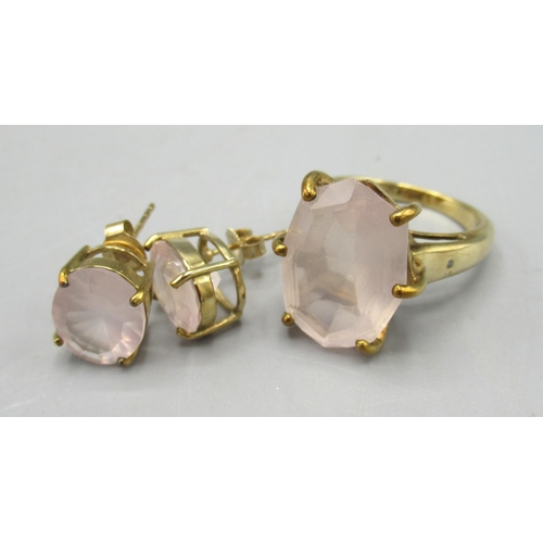 244 - 9ct yellow gold ring set with large rose quartz, and a pair of matching stud earrings, stamped 375, ... 