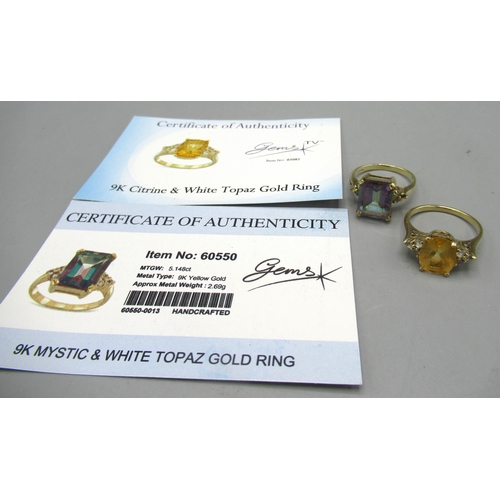 246 - 9ct yellow gold citrine and white topaz ring, size N, and a 9ct gold mystic and white gold topaz rin... 