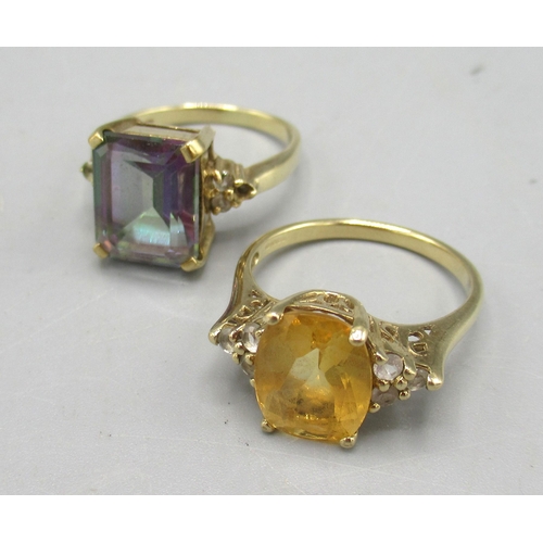 246 - 9ct yellow gold citrine and white topaz ring, size N, and a 9ct gold mystic and white gold topaz rin... 