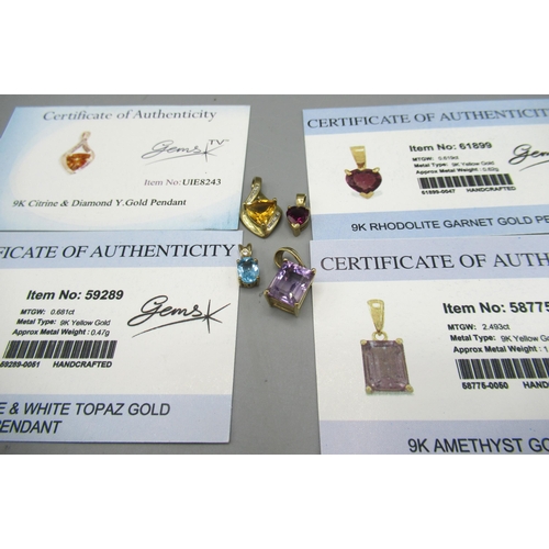 249 - Four 9ct yellow gold pendants set with various stones including rhodolite garnet, citrine and diamon... 