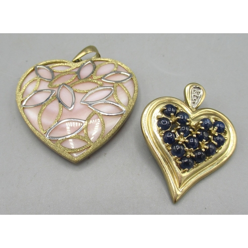 250 - 9ct yellow gold heart pendant set with sapphires and diamonds, 5.66g, and a pink mother of pearl and... 