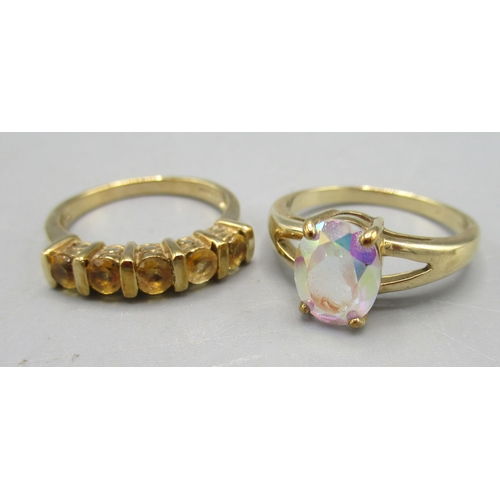 252 - 9ct yellow gold ring set with moonlight topaz, size N, and a 9ct yellow gold ring set with citrine, ... 