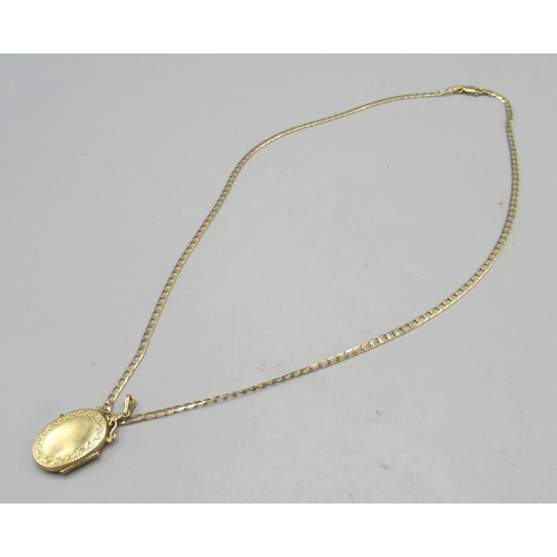 253 - 9ct yellow gold chain link necklace, and a 9ct gold oval pendant locket, both stamped 375, 6.79g