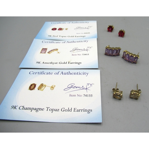 255 - Three pairs of 9ct yellow gold earrings, set with amethyst, champagne topaz and red topaz, all stamp... 