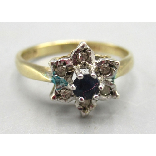 35 - 9ct yellow gold sapphire and diamond cluster ring, size J, another diamond and sapphire cluster ring... 