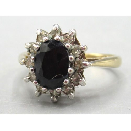 35 - 9ct yellow gold sapphire and diamond cluster ring, size J, another diamond and sapphire cluster ring... 