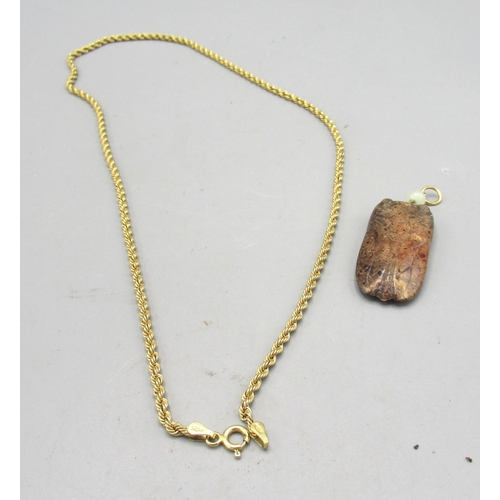 38 - 9ct yellow gold rope twist chain necklace, stamped 375, 3.49g, and a Chinese carved pendant in the f... 