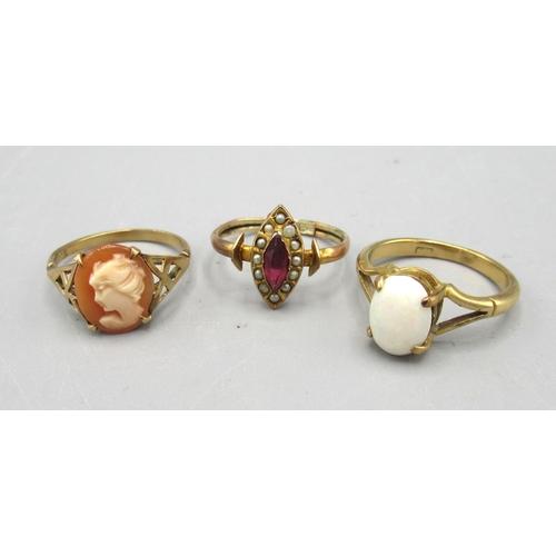 6 - Antique 9ct yellow gold ruby and seed pearl marquise ring, stamped 375, size H, a 9ct gold cameo rin... 