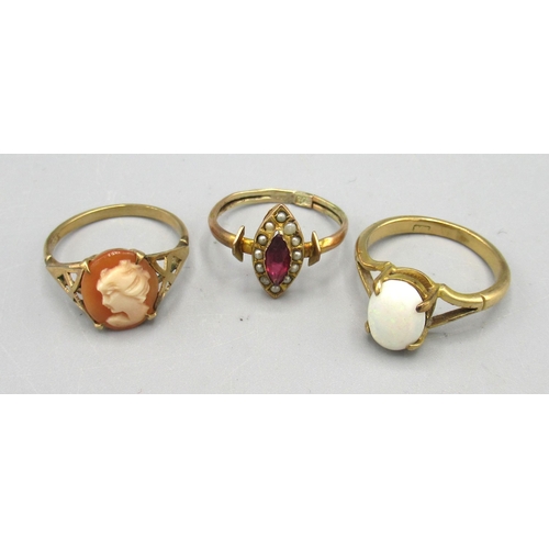 6 - Antique 9ct yellow gold ruby and seed pearl marquise ring, stamped 375, size H, a 9ct gold cameo rin... 