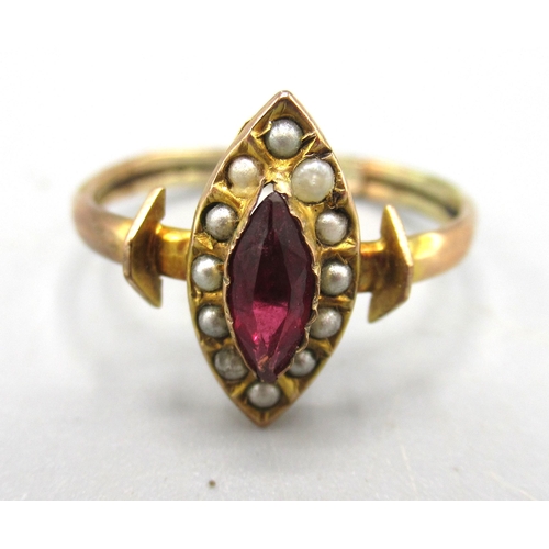 6 - Antique 9ct yellow gold ruby and seed pearl marquise ring, stamped 375, size H, a 9ct gold cameo rin... 