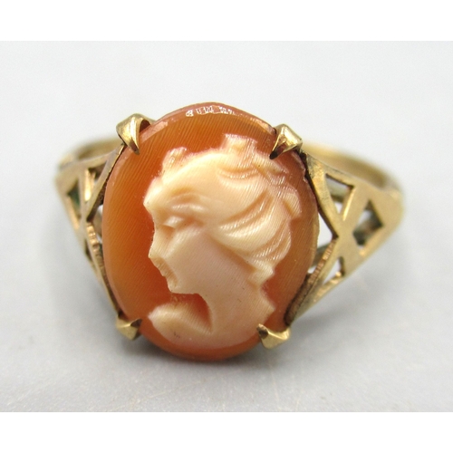 6 - Antique 9ct yellow gold ruby and seed pearl marquise ring, stamped 375, size H, a 9ct gold cameo rin... 