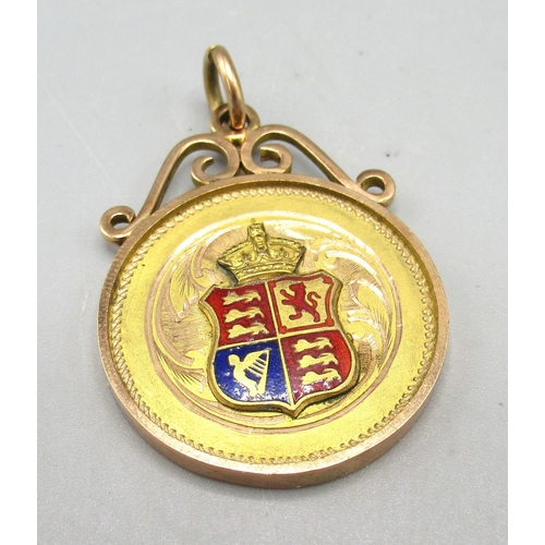 8 - 9ct gold fob with enamelled crest, back engraved 'Leeds & District Fed: C.C. R. Barrett. Horsforth C... 