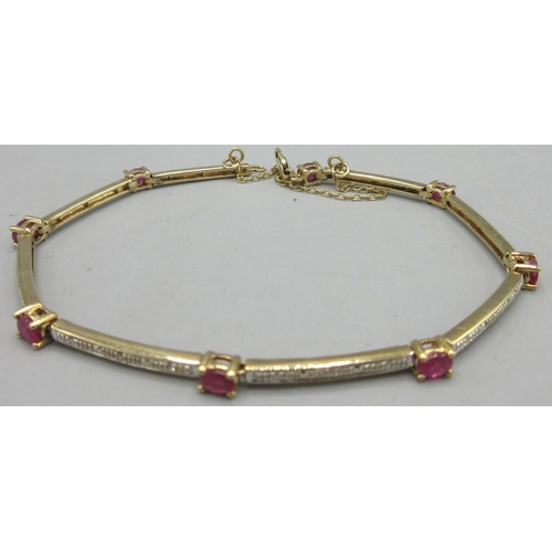 178 - 9ct yellow gold bar link tennis bracelet set with diamonds and rubies, stamped 375, with safety cain... 