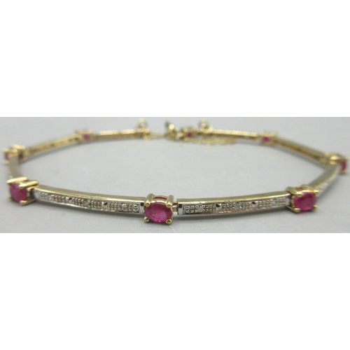 178 - 9ct yellow gold bar link tennis bracelet set with diamonds and rubies, stamped 375, with safety cain... 