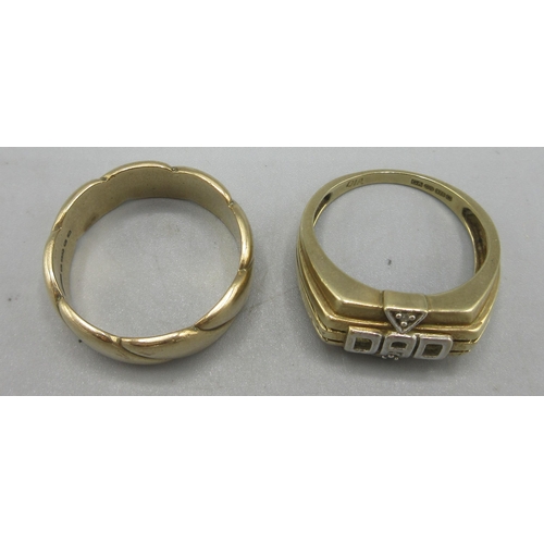 180 - 9ct yellow gold twist band ring, size T, and a 9ct yellow and white gold diamond 'DAD' ring, size S,... 