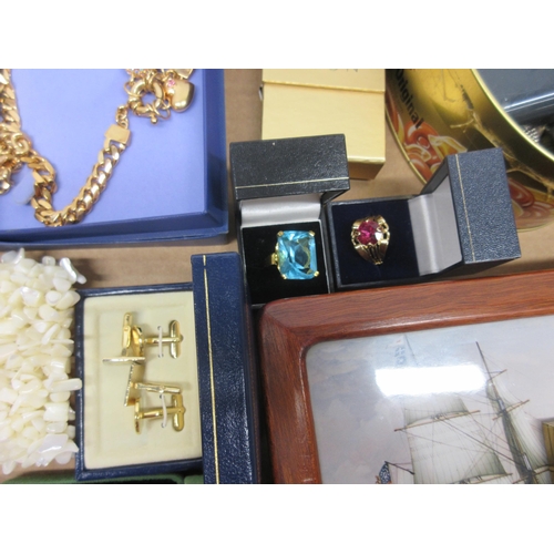 181 - Collection of costume jewellery to include, yellow metal T bar belcher chain, gold plated bangles & ... 