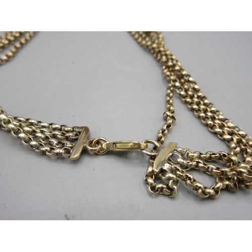 59 - Rose tint metal multichain necklace, clasp stamped 9K, chains unmarked, links tested at 9ct gold, L4... 