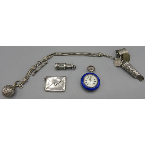 134 - White metal Albertina chain with charms, Swiss cylinder enamel fob watch and a silver stamp holder i... 