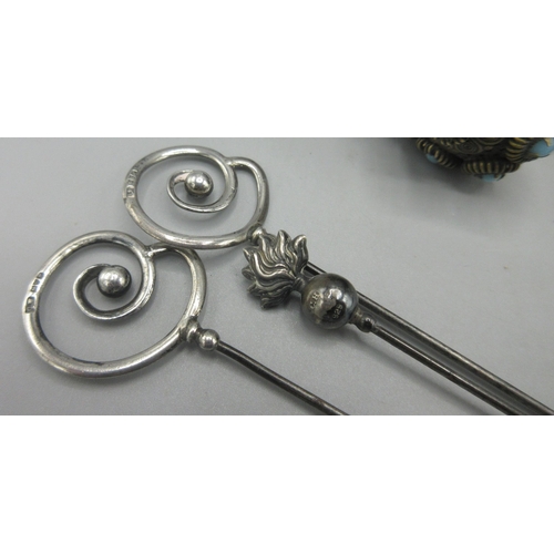 135 - Three silver hat pins by Charles Horner, Edwardian silver pair with a swirled finial, a singular wit... 