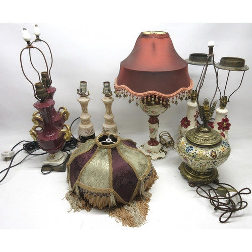 373 - WITHDRAWN Collection of vintage lamps incl, pair of light pink glass lamps with gilt foliate design,... 