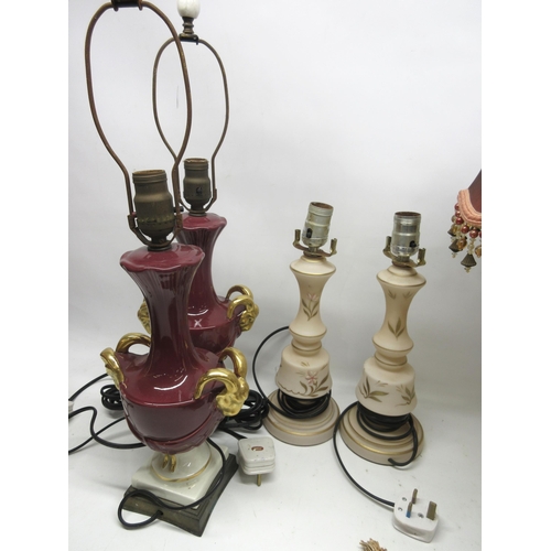 373 - WITHDRAWN Collection of vintage lamps incl, pair of light pink glass lamps with gilt foliate design,... 