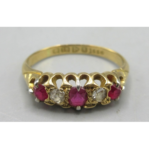 44 - Antique 18ct yellow gold five stone ring set with rubies and diamonds, stamped 18ct, I1/2, 2.29g