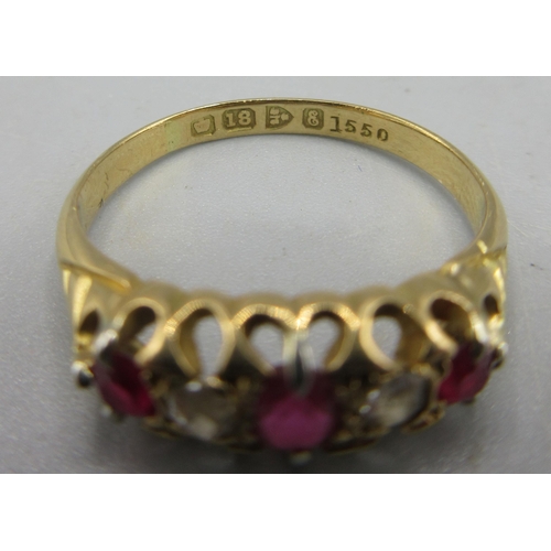 44 - Antique 18ct yellow gold five stone ring set with rubies and diamonds, stamped 18ct, I1/2, 2.29g