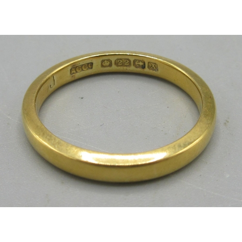 46 - 22ct yellow gold wedding band, stamped 22, size J, 3.27g