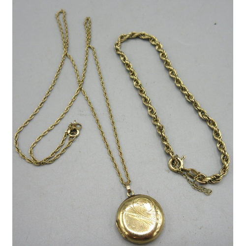 58 - 9ct yellow gold locket with engraved decoration, on a fine 9ct gold rope chain, both stamped 375, L4... 