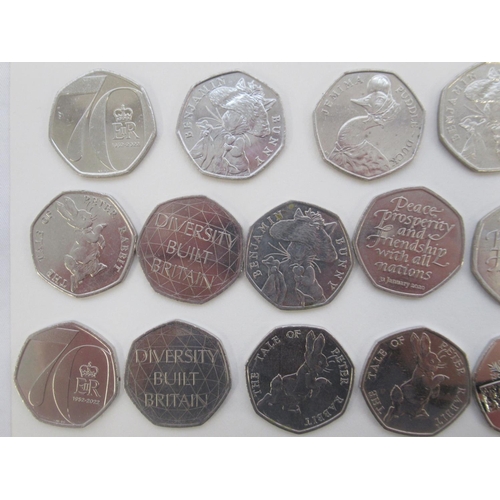 746 - Collection of 50 commemorative 50ps to inc. Benjamin Button, Battle of Hastings, Sherlock Holmes, Di... 