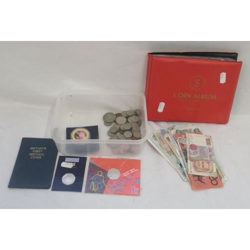 784 - Mixed collection of coins and banknotes to inc. coin album cont. 38 commemorative 50ps and 27 commem... 