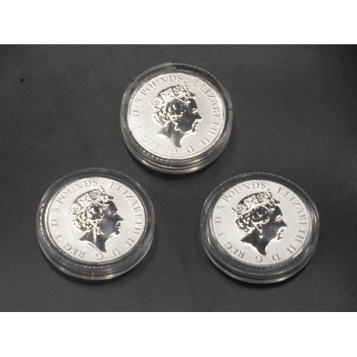 678 - 2018 Black Bull of Clarence 2oz fine silver £5 coin & 2 2022 Lion of England 2oz fine silver £5 coin... 