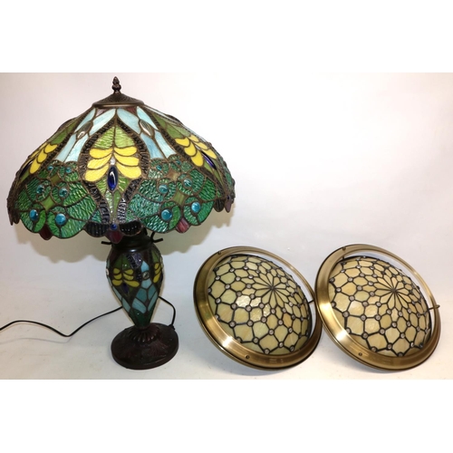 188 - Tiffany style table lamp, naturalistic decoration, bronzed foot, H63cm and pair of Tiffany style cen... 