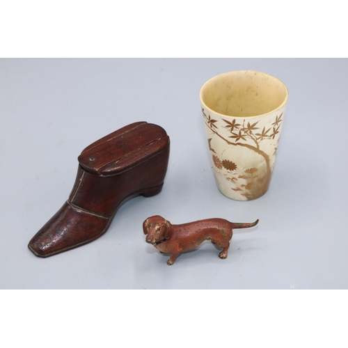 221 - Cold cast bronze painted Dachshund, L7cm; Japanese painted horn cup; and a treen novelty snuff box i... 