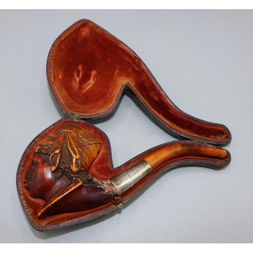 223 - Meerschaum pipe in the form of a woman's head in fitted hinged leather case, L16cm